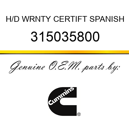 H/D WRNTY CERTIFT SPANISH 315035800